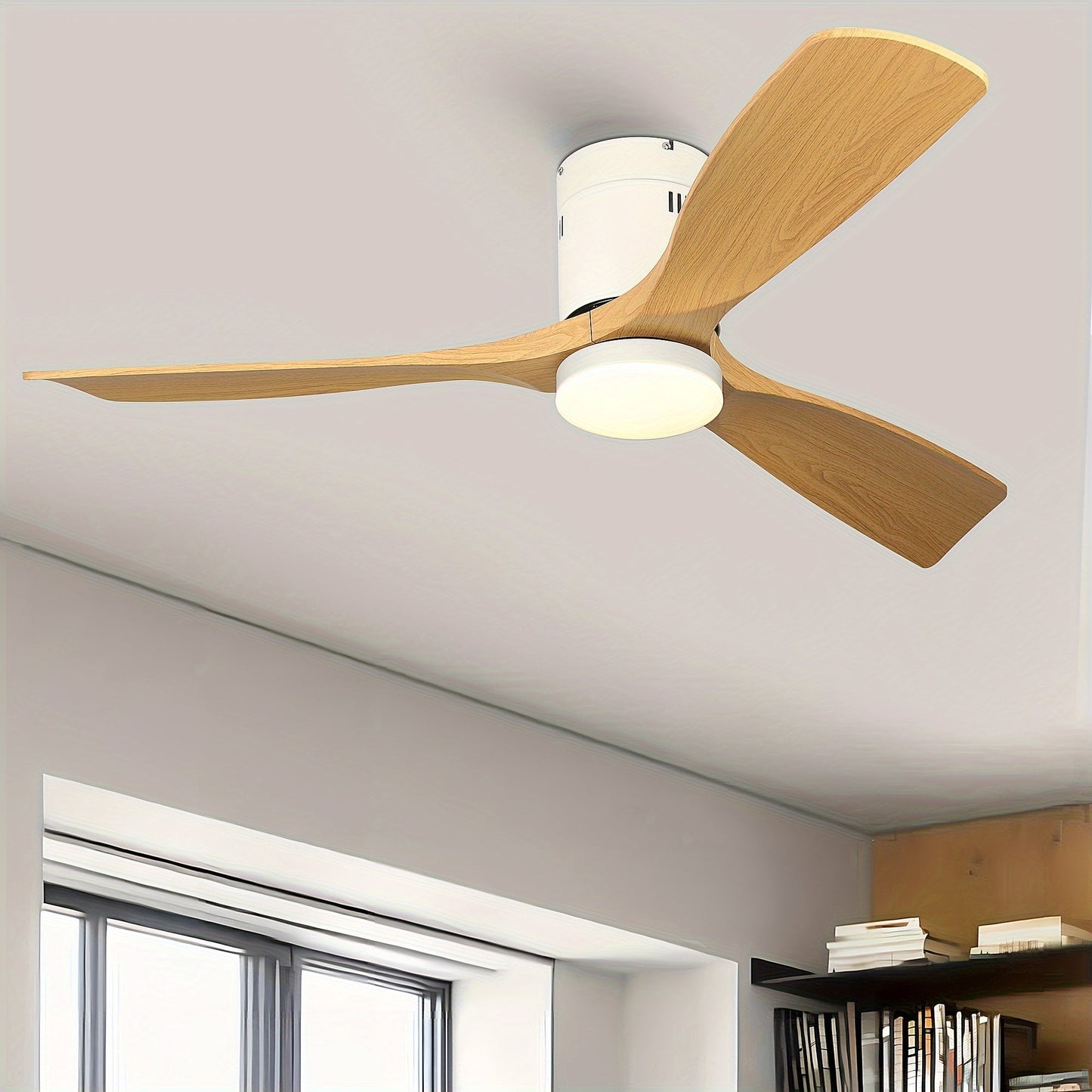 52" Matt White + Wood Grain Fan Light, 32W, US Plug, Straight