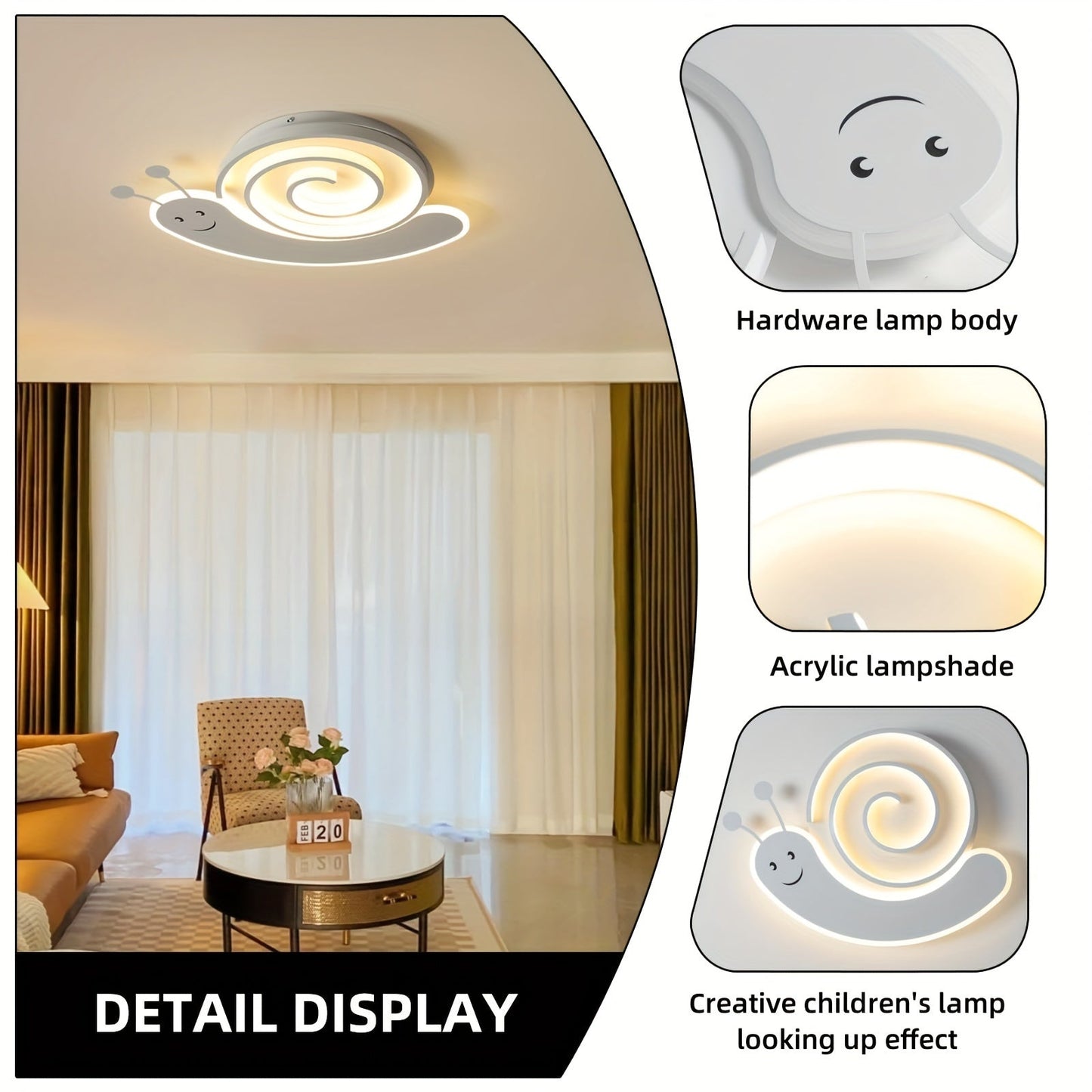 48W Snail-Shaped Dimmable Ceiling Light - Remote Control, White, Creative Design for Kids' Bedroom, Office, Kindergarten - Energy-Efficient, Eye-Catching, Easy Installation