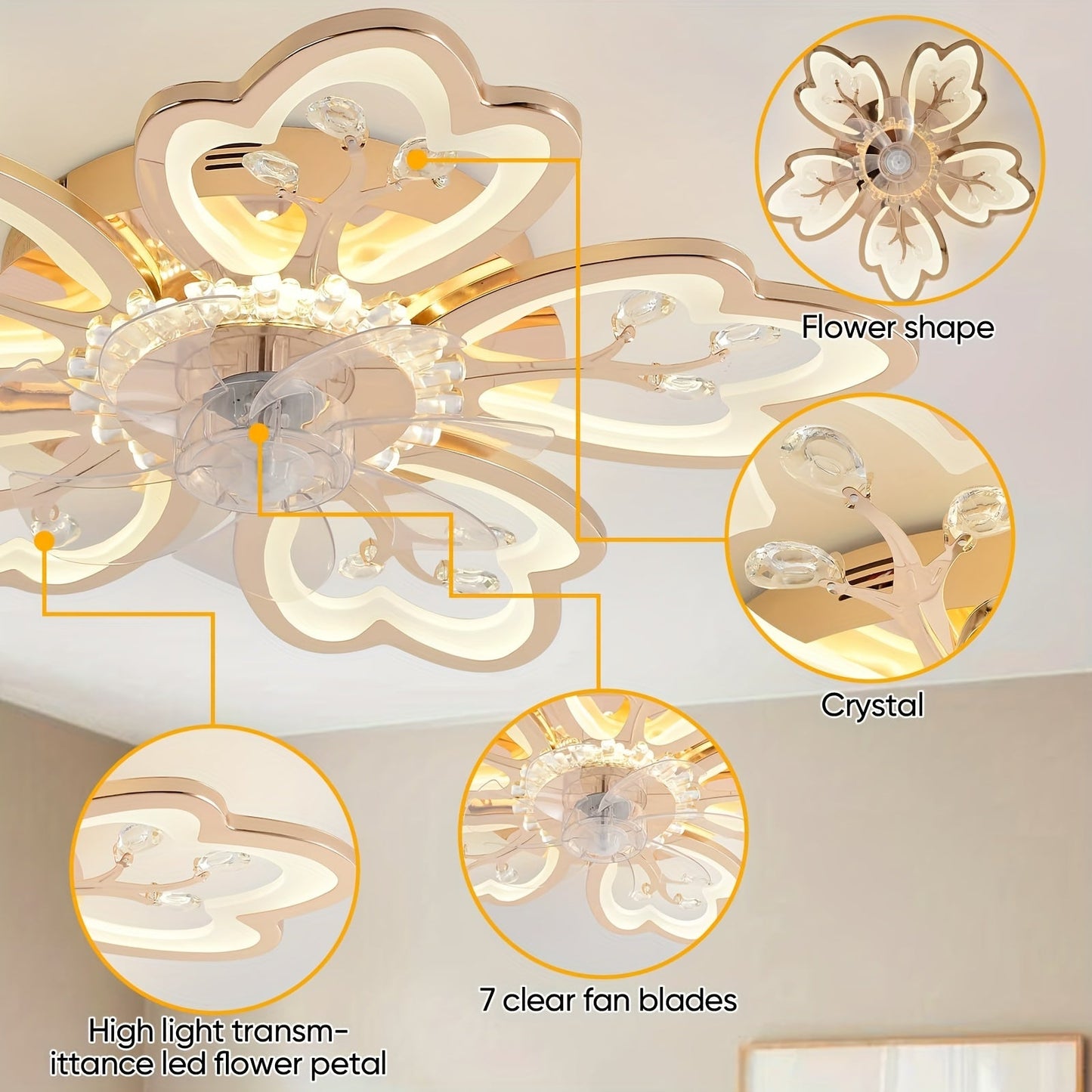 26 In Flower Ceiling Fan With Lights Remote Control - 6 Speed 3 Color Dimmable Ceiling Lamp With Invisible Blades For Living Room Bedroom (Gold)