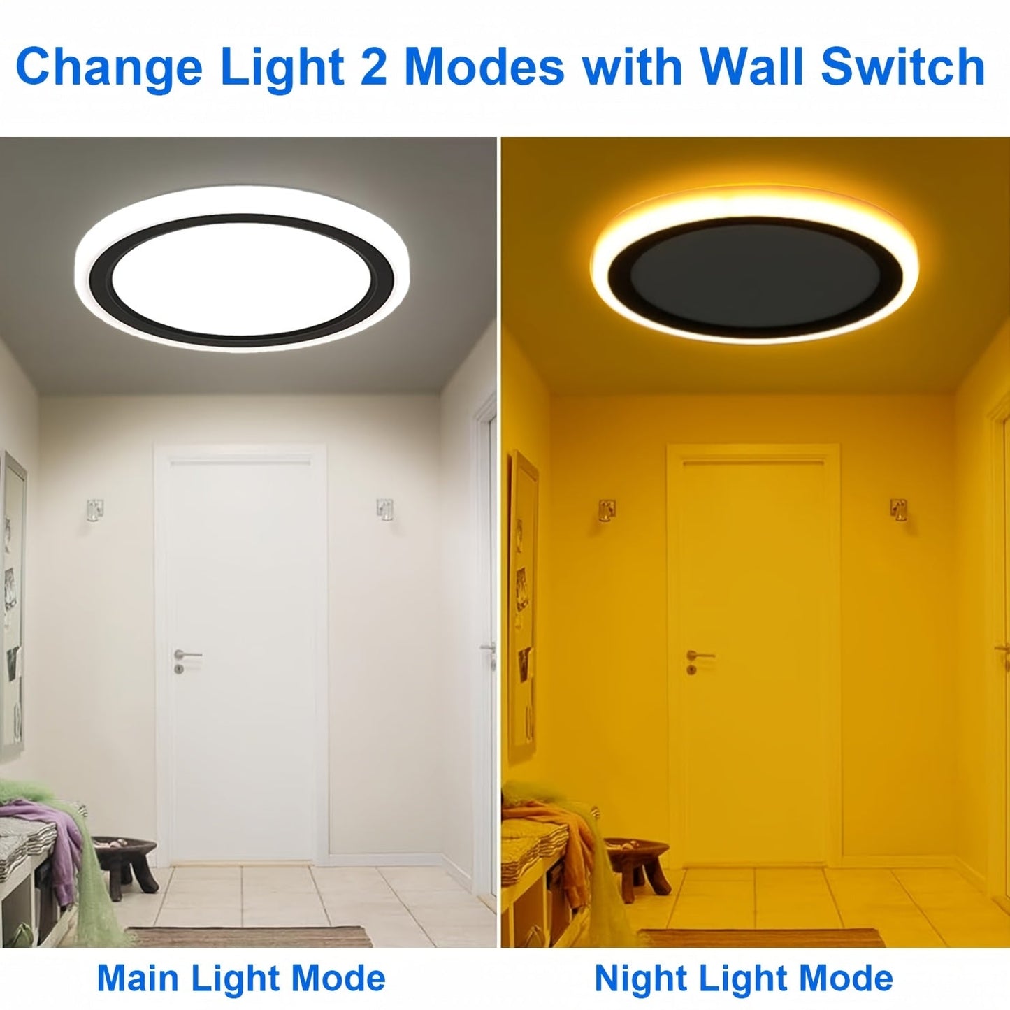 13in LED Flush Mount Ceiling Light Fixture, Nightlight 2000K Warm, 3000K/4000K/5000K Adjustable, Low Profile Ceiling Lights For Bedroom, Kitchen, Living Room, Black Housing