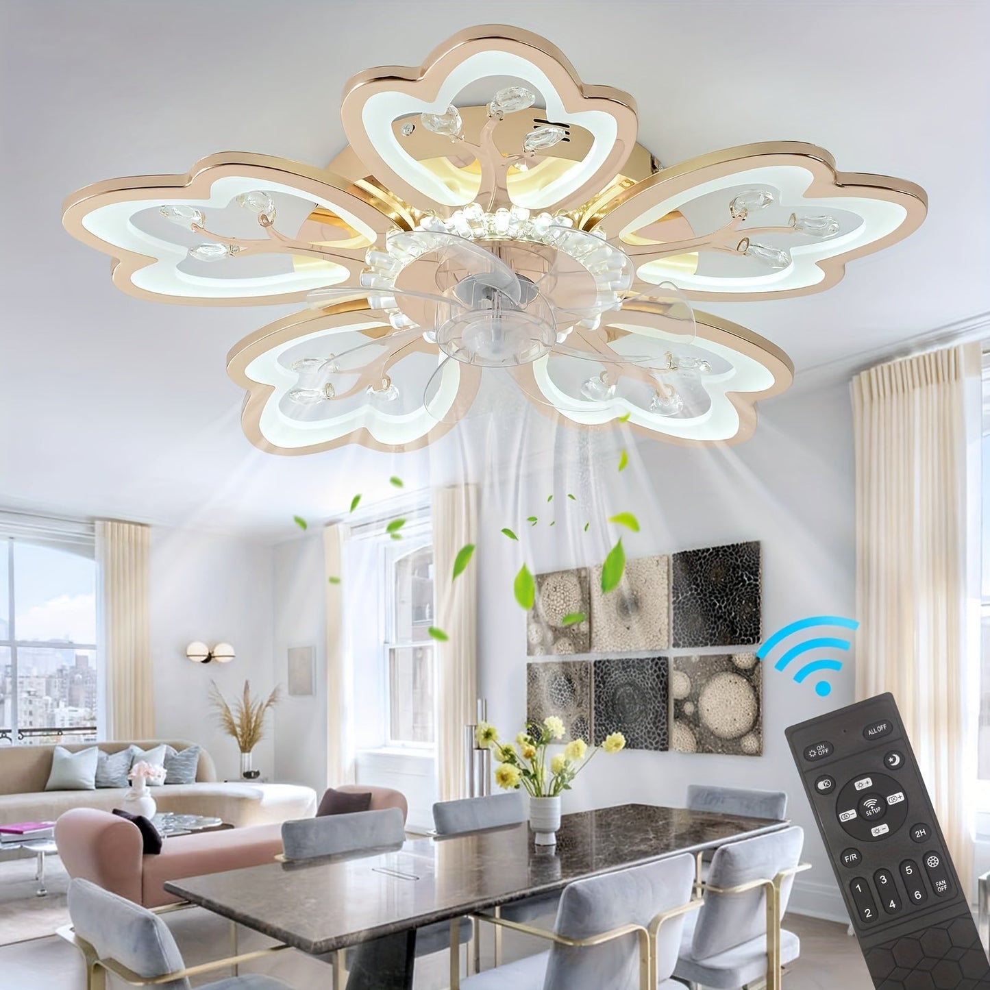 26 In Flower Ceiling Fan With Lights Remote Control - 6 Speed 3 Color Dimmable Ceiling Lamp With Invisible Blades For Living Room Bedroom (Gold)