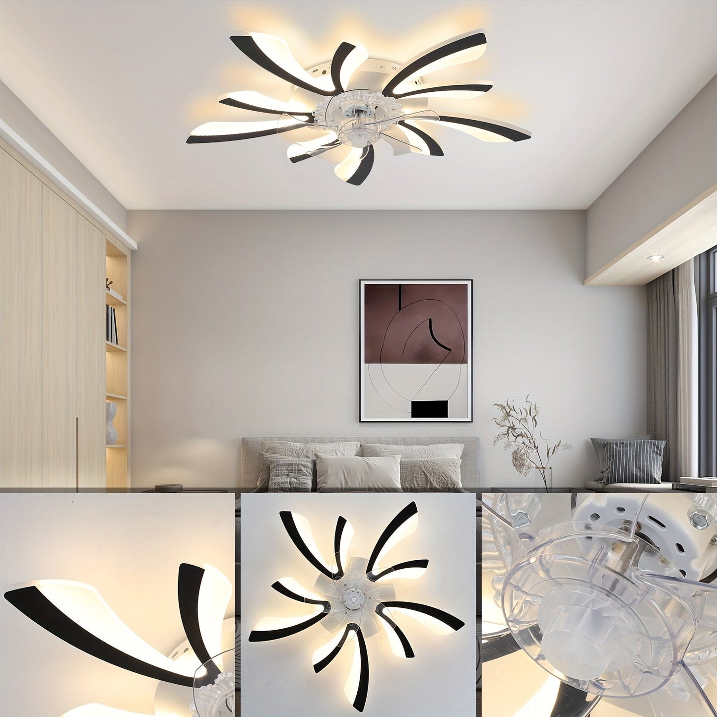 Modern Ceiling Fans with Lights and Remote, Dimmable Low Profile Ceiling Fan, Flush Mount Bladeless Ceiling Fan, Stepless Color Temperature