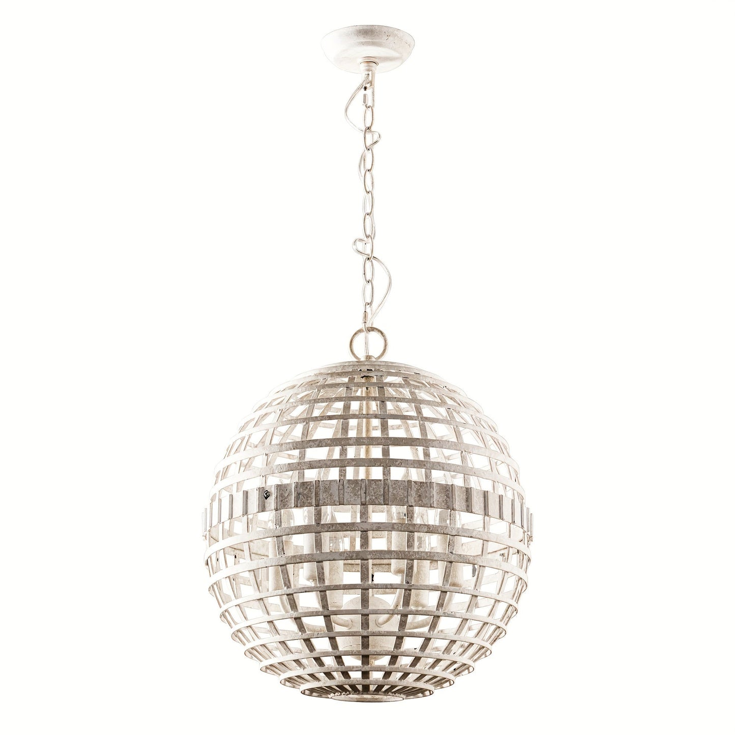 Mid-Century Modern 6-Light Antique White Orb Globe Metal Cage Chandelier Pendant Light