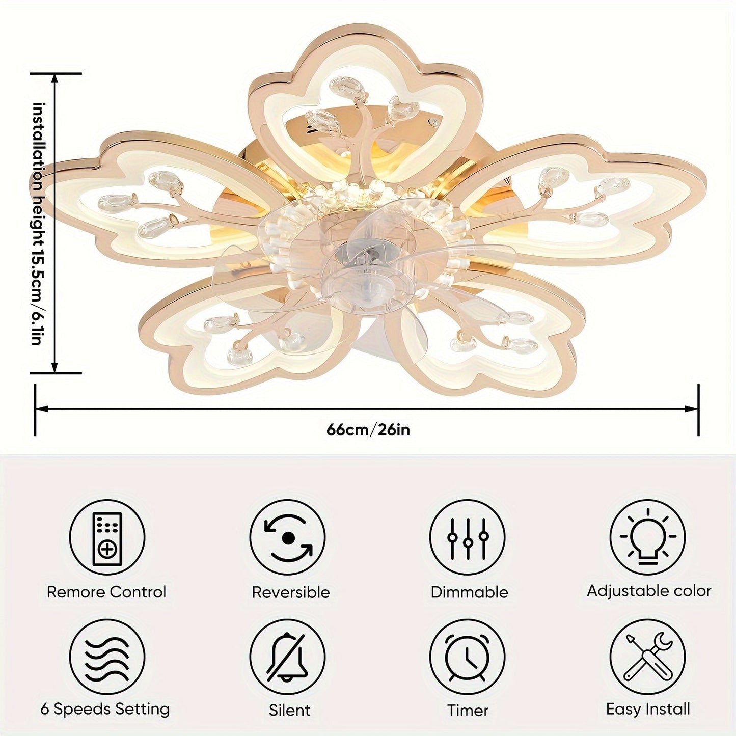 26 In Flower Ceiling Fan With Lights Remote Control - 6 Speed 3 Color Dimmable Ceiling Lamp With Invisible Blades For Living Room Bedroom (Gold)