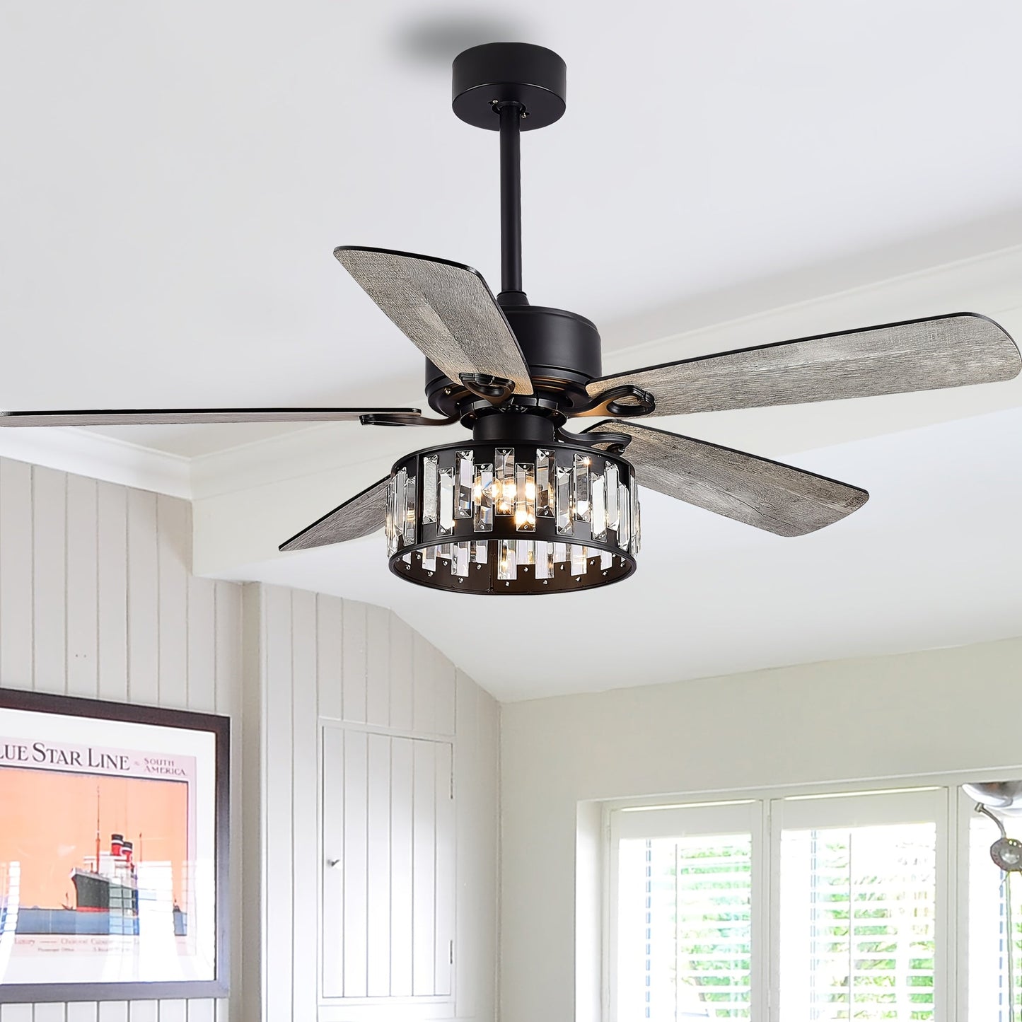 Ceiling Fan With Light, 52'' Farmhouse Downrod Ceiling Fan Lights With Remote Control, Modern And Industrial, 3x E12 Bulb Not Included, Ceiling Fans With Reversible Motor Living Room Bedroom Kitchen, Black