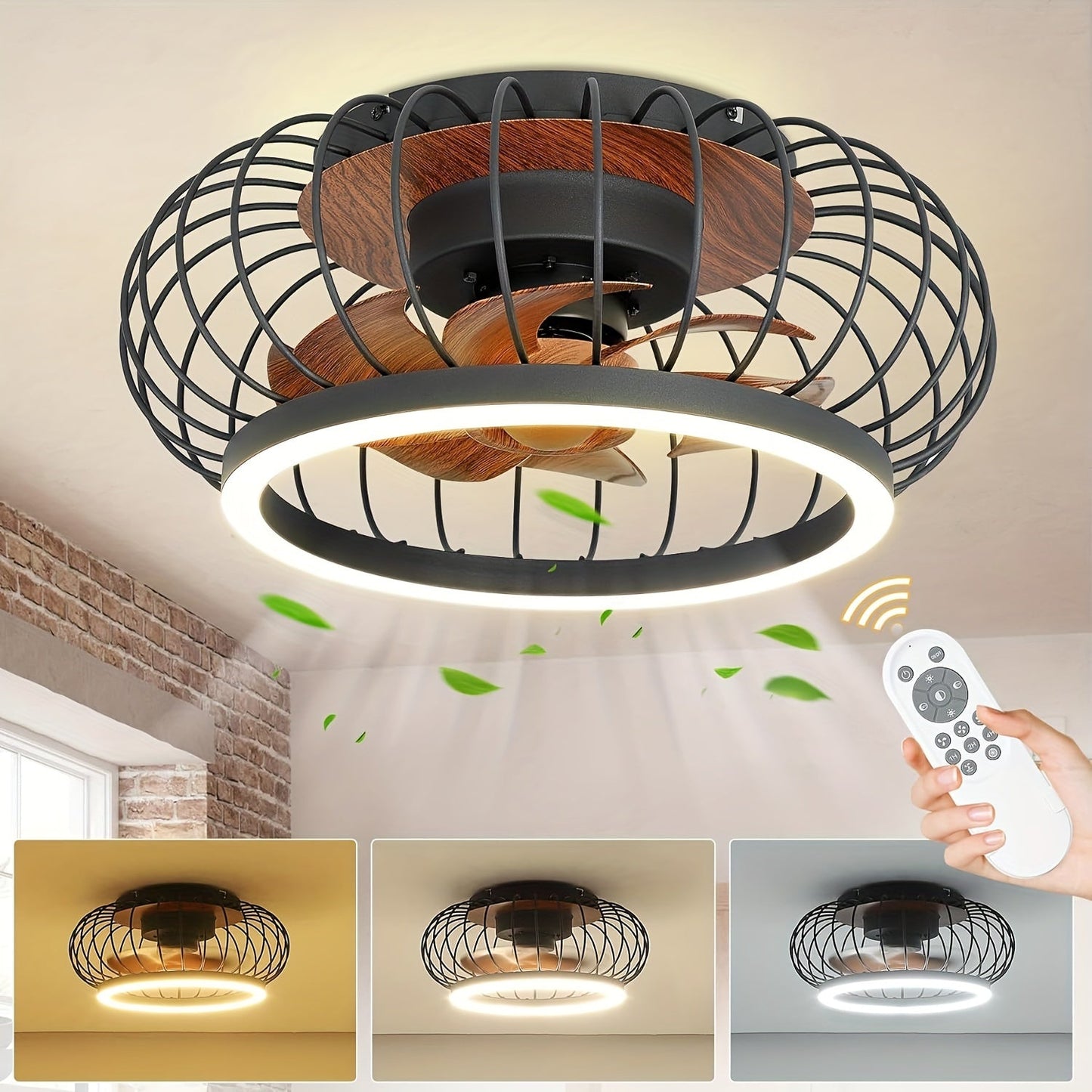 17 Inch Depuley Cage Ceiling Fan- Industrial Bladeless Ceiling Fan With Lights And Remote Control. Features 3 Speeds, Smart 18W LED Dimmable Lighting, And Flush Mount Design. 3 Color Changeable