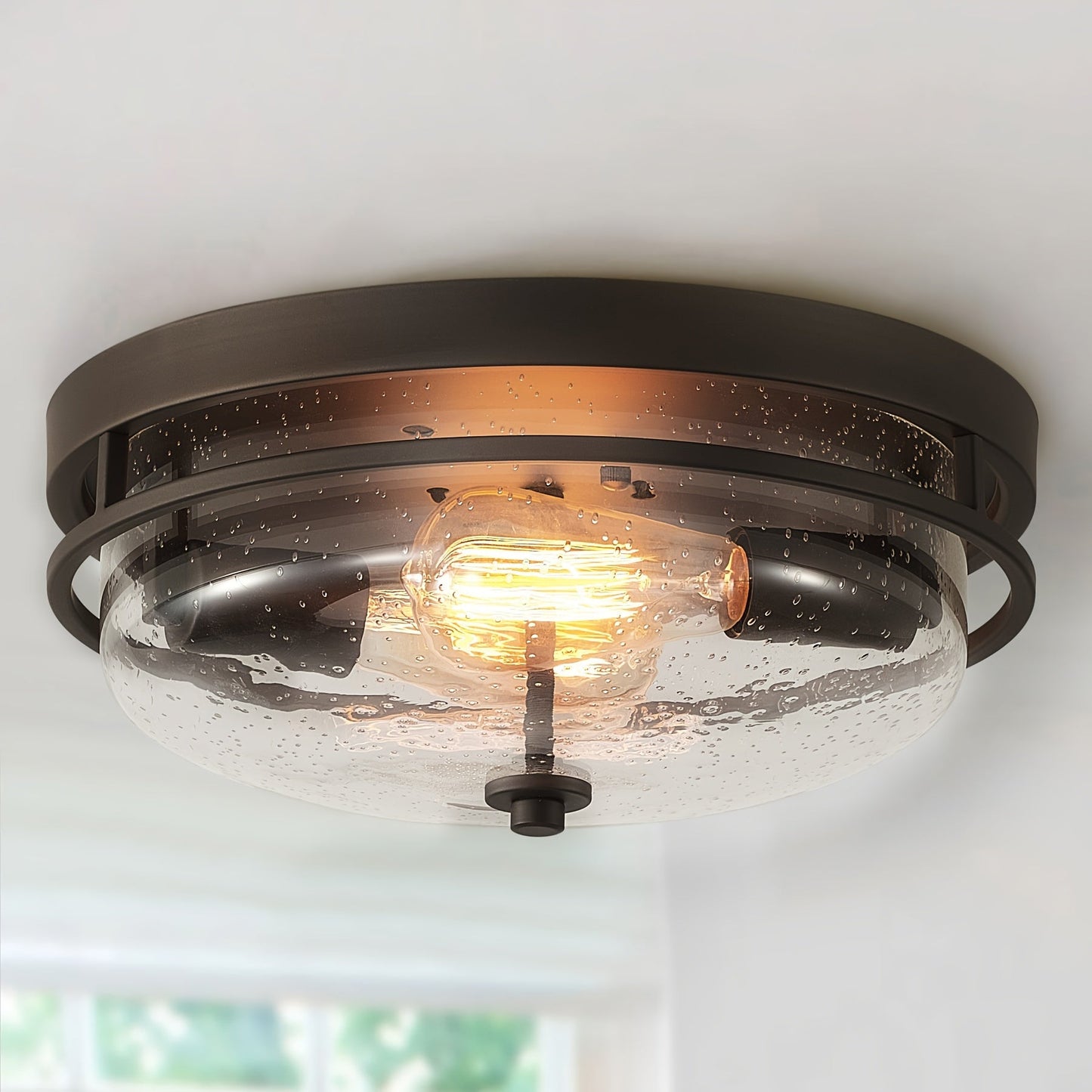 Modern Industrial Black Ceiling Light with Clear Glass Shade - Flush Mount, E26 Base, 110V