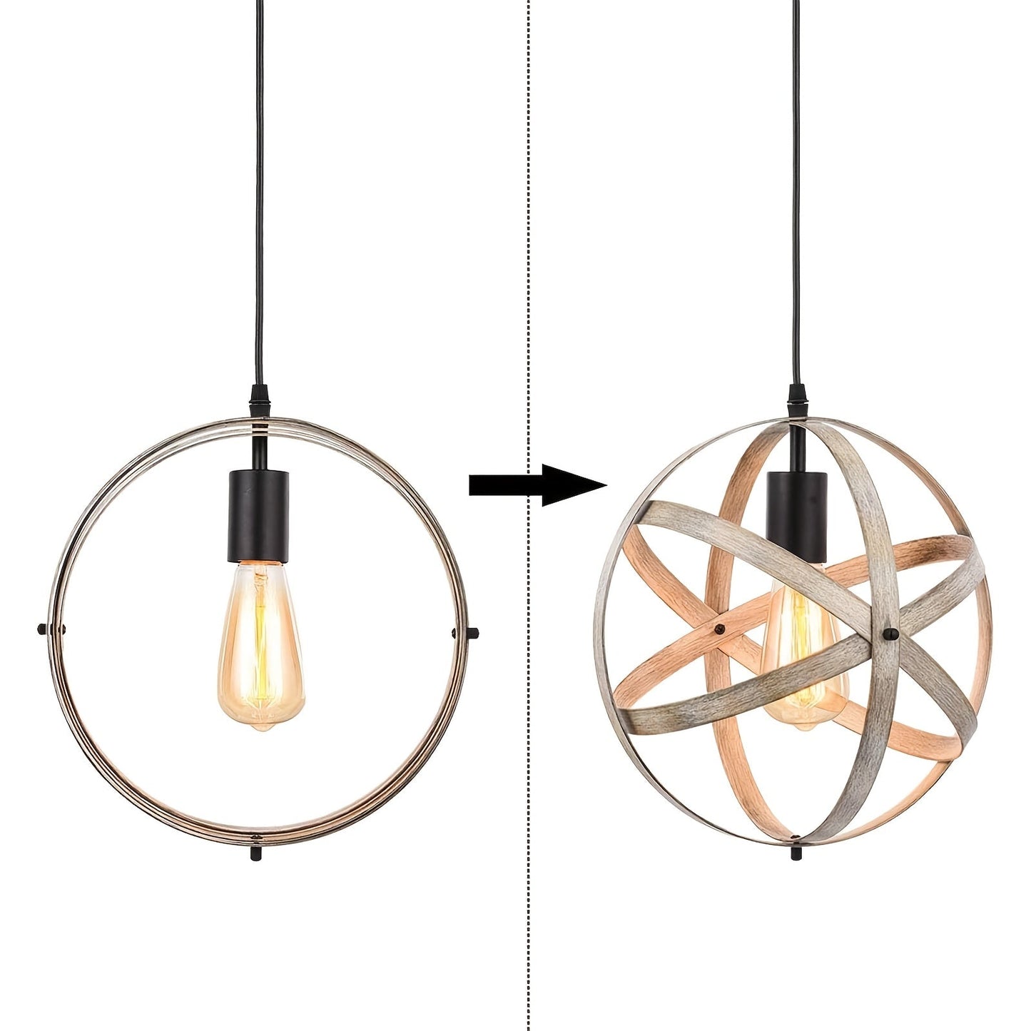 1pc Rustic Industrial Spherical Pendant Light - Adjustable Metal Chandelier with 15 Ft Cord, On/Off Switch, E26 Bulb Base, Semi-Flush Mount, Hard-Wired 110-130V, Includes Installation Hardware