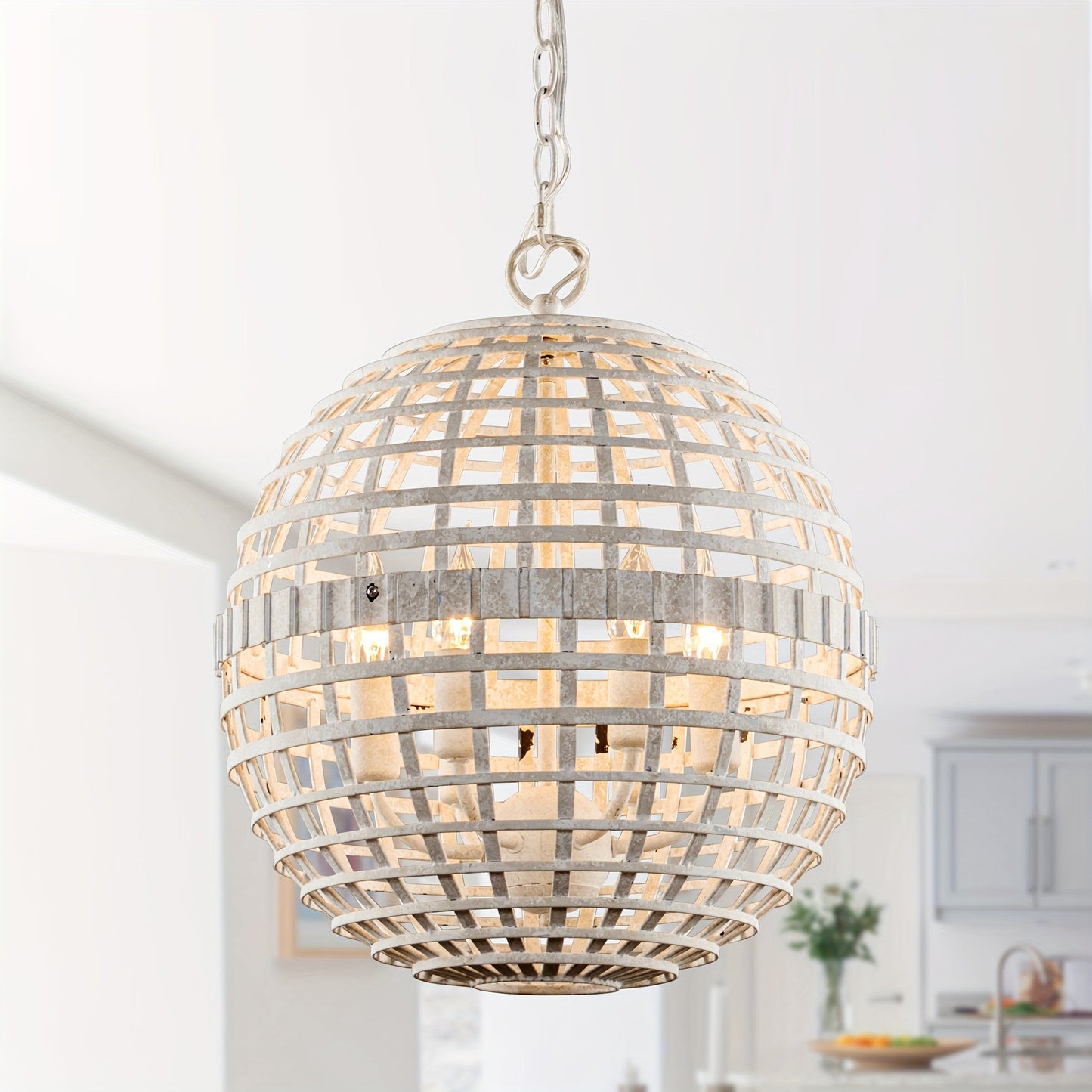 Mid-Century Modern 6-Light Antique White Orb Globe Metal Cage Chandelier Pendant Light