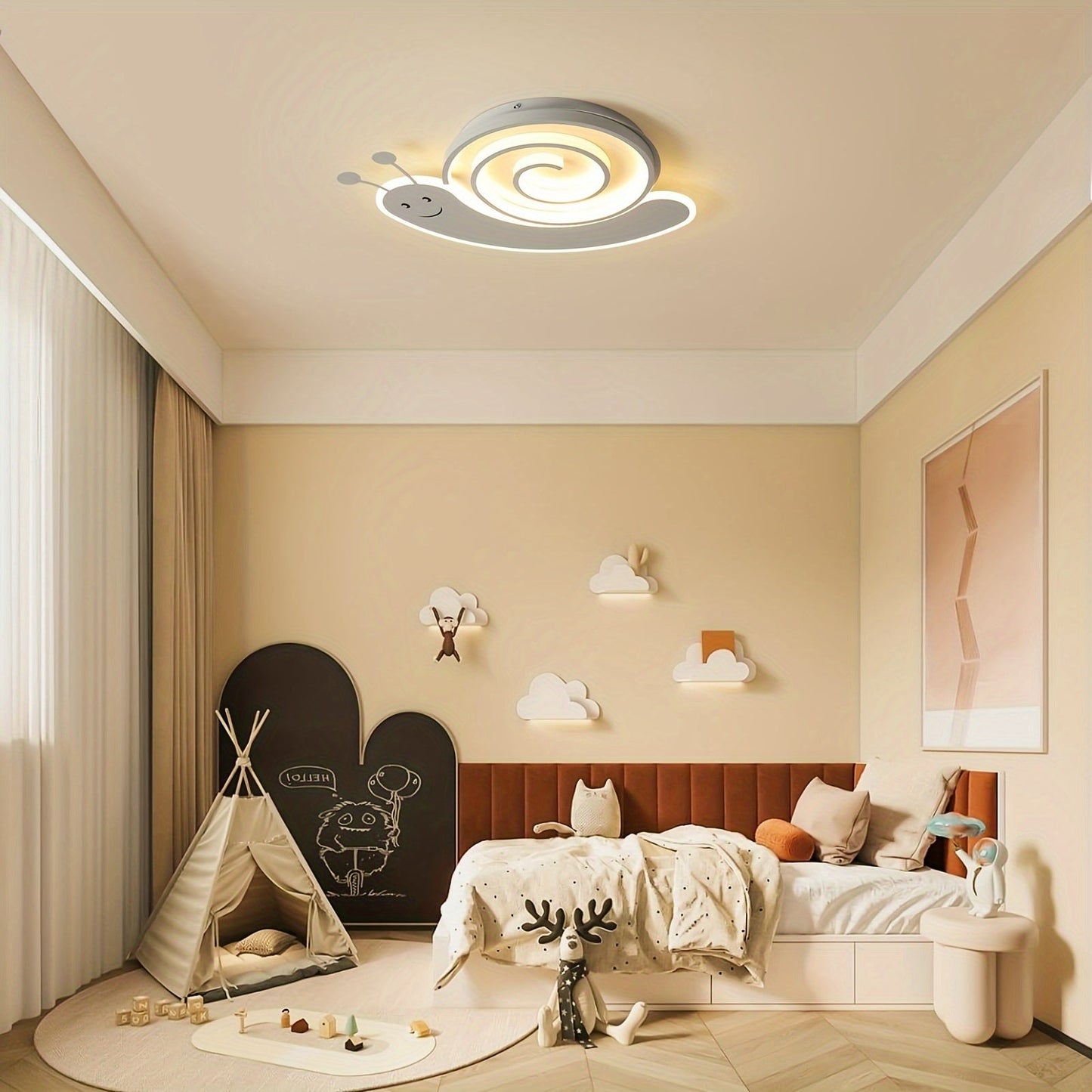 48W Snail-Shaped Dimmable Ceiling Light - Remote Control, White, Creative Design for Kids' Bedroom, Office, Kindergarten - Energy-Efficient, Eye-Catching, Easy Installation