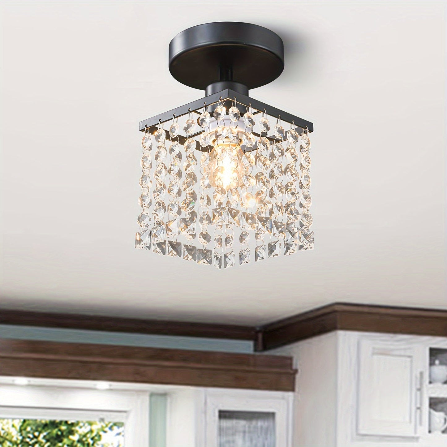 6-Light Modern Black Crystal Chandelier - Elegant Farmhouse Pendant Lighting with Vintage Ceiling Fixture - Perfect for Dining Room, Kitchen Island, Living Room, Bedroom, Hallway and More