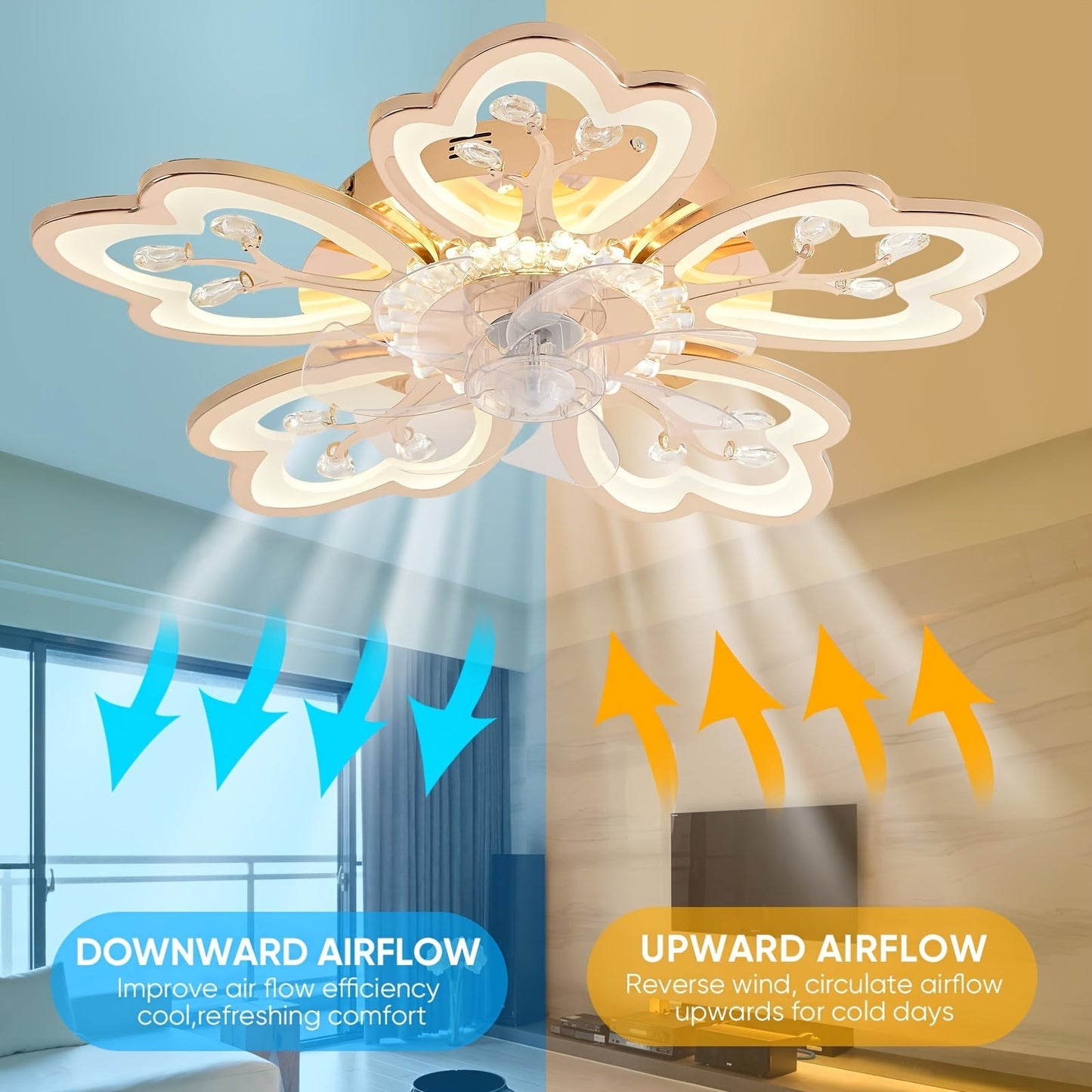 26 In Flower Ceiling Fan With Lights Remote Control - 6 Speed 3 Color Dimmable Ceiling Lamp With Invisible Blades For Living Room Bedroom (Gold)