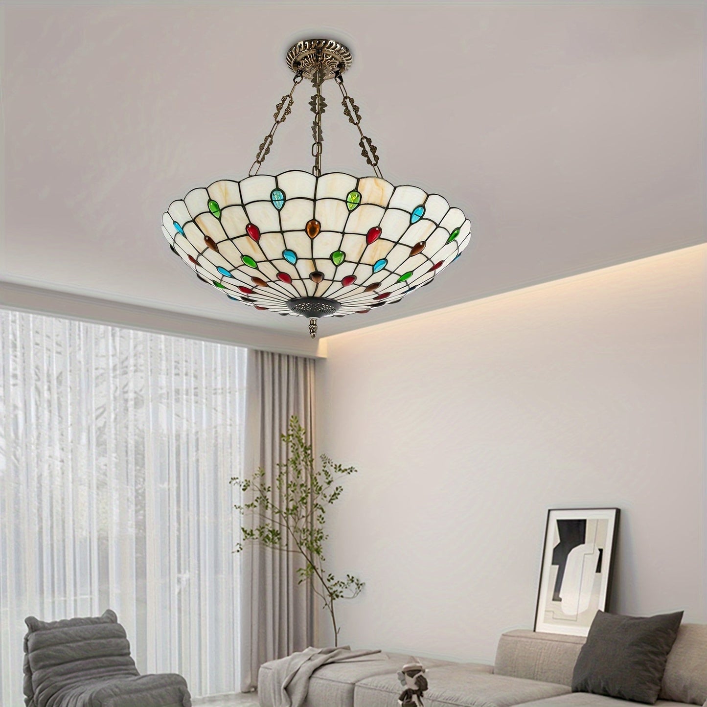 20'' Stained Glass Flush Mount Chandelier - Ceiling Hanging Lamp with Elegant Design and Soft Lighting Effect