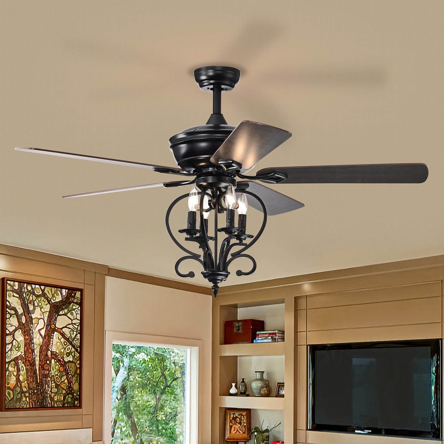 Industrial Ceiling Fan with Light, 52-inch Metal Fan with Remote Control, E14 Bulb Base, 3 Speeds, 4-Blade, Timer Function, for Indoor Home Decor, Outdoor Patio, Angled & Flat Ceiling Mounting