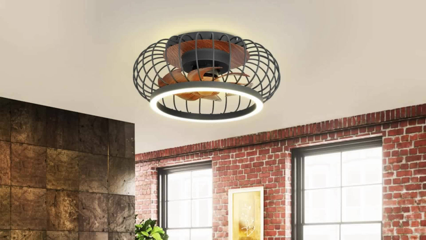 17 Inch Depuley Cage Ceiling Fan- Industrial Bladeless Ceiling Fan With Lights And Remote Control. Features 3 Speeds, Smart 18W LED Dimmable Lighting, And Flush Mount Design. 3 Color Changeable