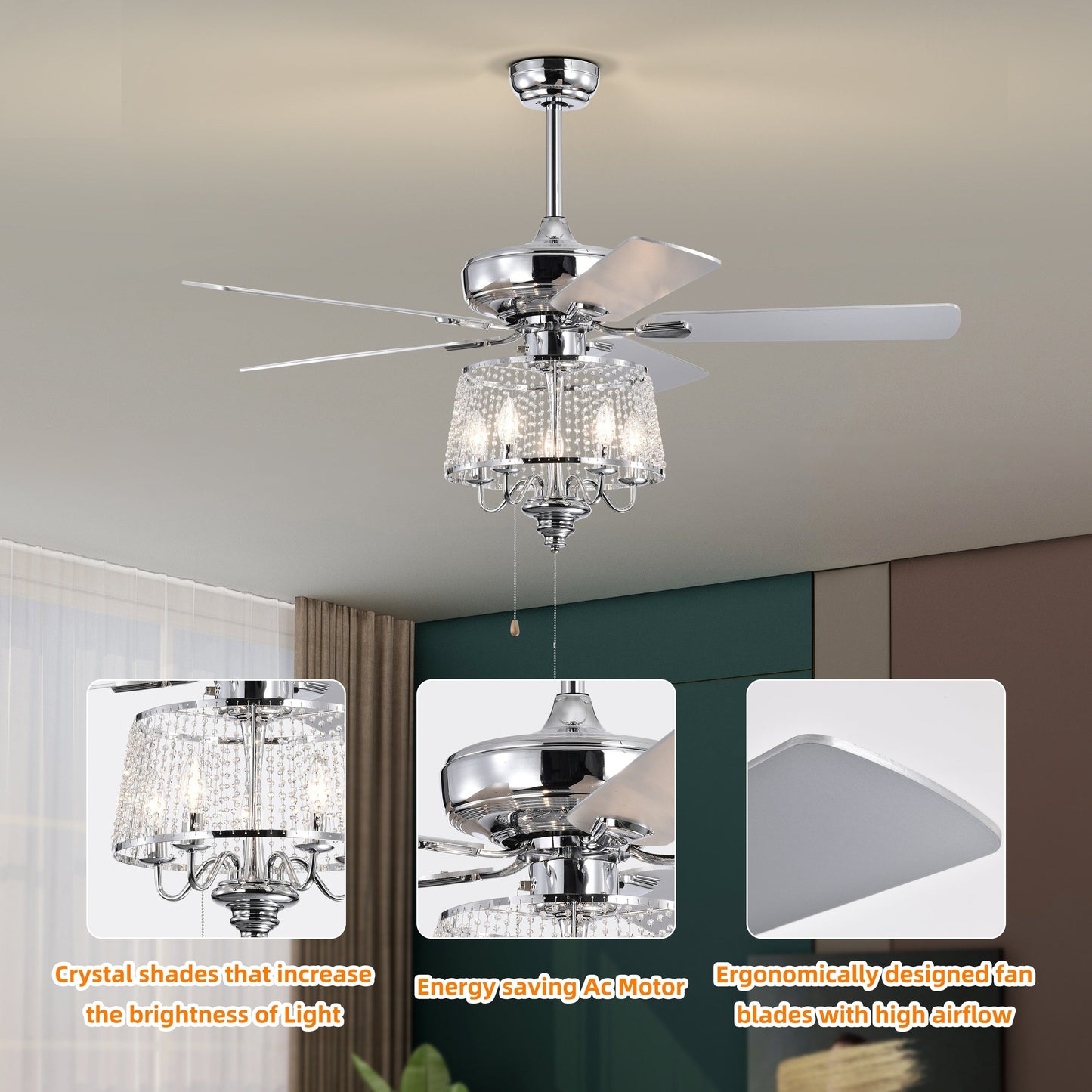 52in Silver Crystal Chandelier Ceiling Fan with Remote - Modern Elegant Design, Luxurious Sparkling Lights, Adjustable Speed, Silent Indoor Decor