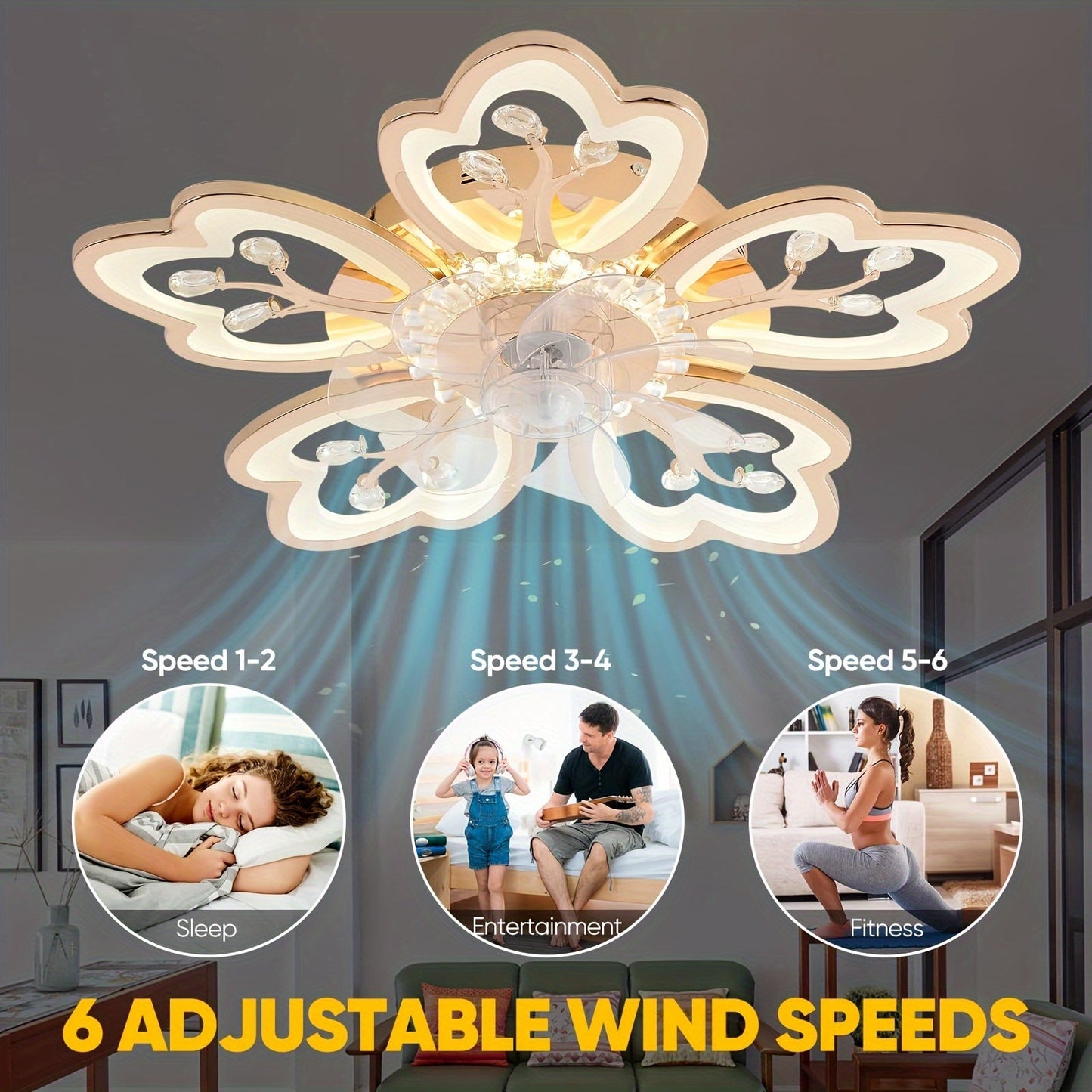 26 In Flower Ceiling Fan With Lights Remote Control - 6 Speed 3 Color Dimmable Ceiling Lamp With Invisible Blades For Living Room Bedroom (Gold)