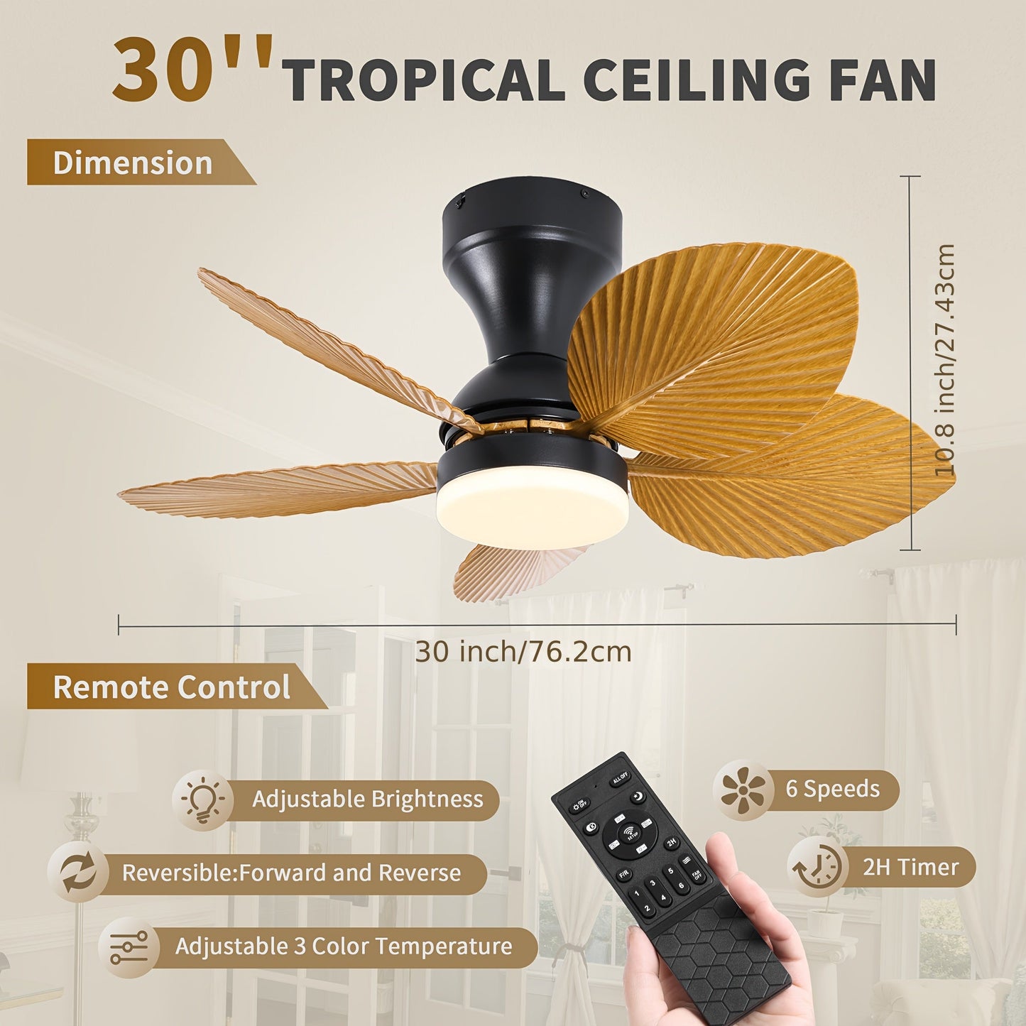 26 Inch 5 Palm Leaf Ceiling Fan With Light, Ceiling Fan Light, Fan Light, Tropical Outdoor Ceiling Fan, Suitable For Terraces, Outdoors, And Bedrooms