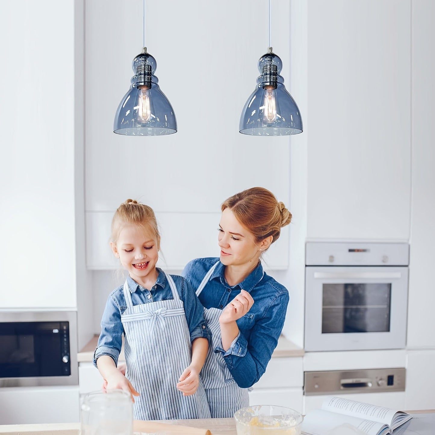 Blue Glass Pendant Lights For Kitchen Island: Modern Industrial Hanging Ceiling Light Fixture With 6.5'' Handblown Clear Glass Shade For Farmhouse Bedroom Dining Room Sink Bar 2 Packs