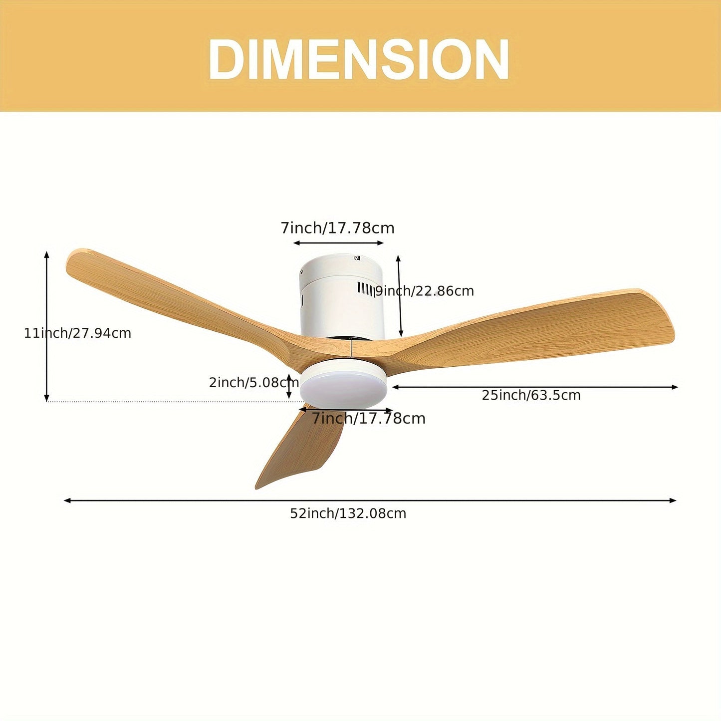 52" Matt White + Wood Grain Fan Light, 32W, US Plug, Straight